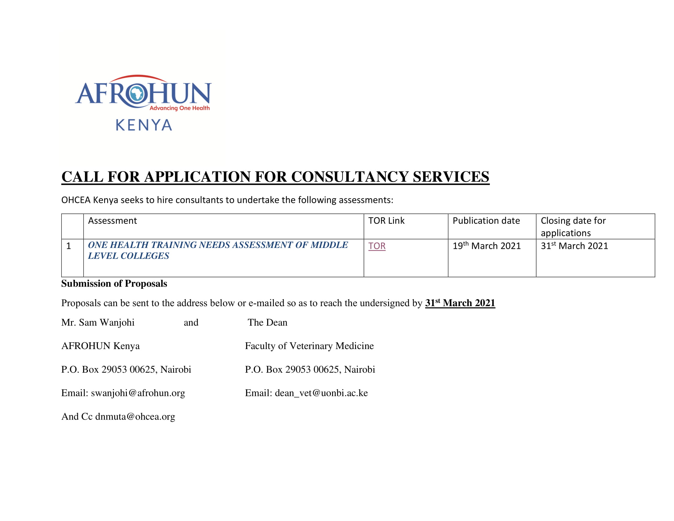 CALL FOR APPLICATION FOR CONSULTANCY SERVICES