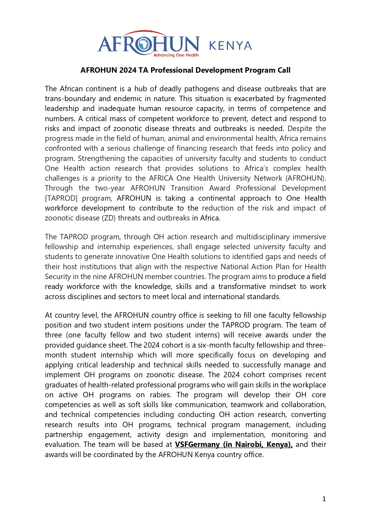 AFROHUN Kenya 2024 TA Fellowship Call